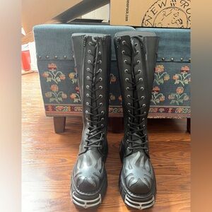 New Rock steel tower black leather flame boots knee calf lace up punk metal